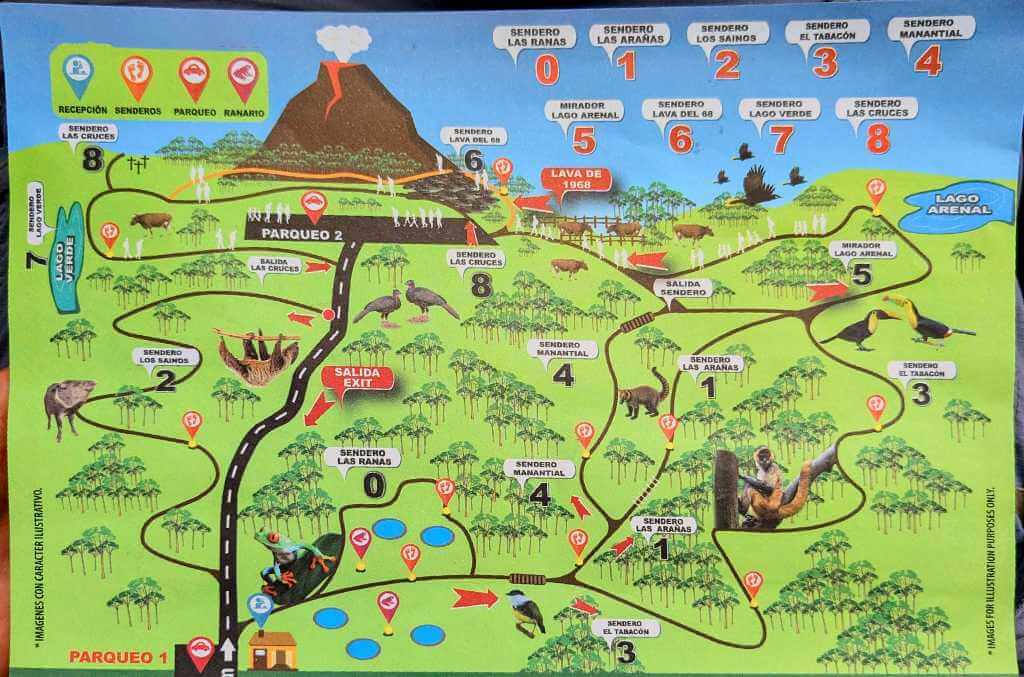 Paper map showing the trails, features, and routes at a private property near the base of Arenal Volcano in La Fortuna.