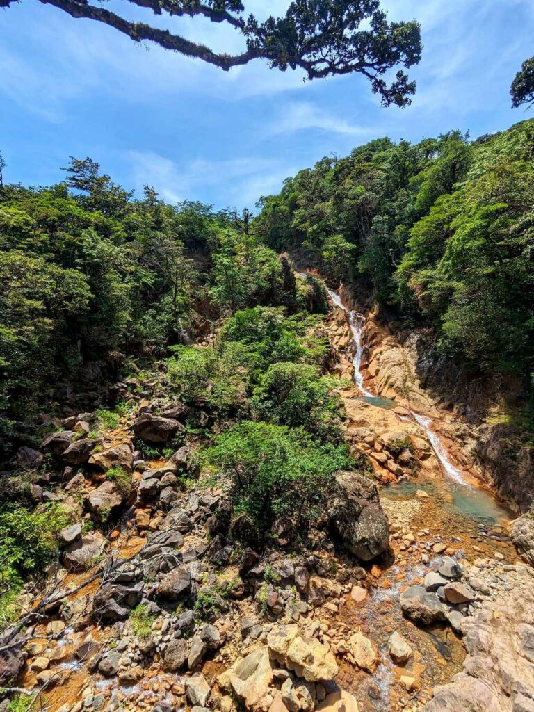 Cascading waters flowing down the slopes of the Guanacaste Volcanic Mountain Range, surrounded by transitional forest from dry to rainforest.