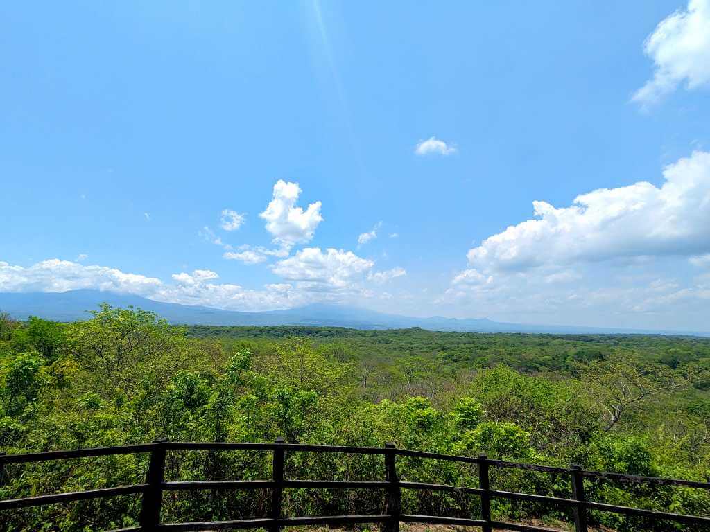 Open view from La Casona lookout in Santa Rosa National Park, with the Guanacaste Volcanic Mountain Range in the distance and dry forest plains in the foreground.