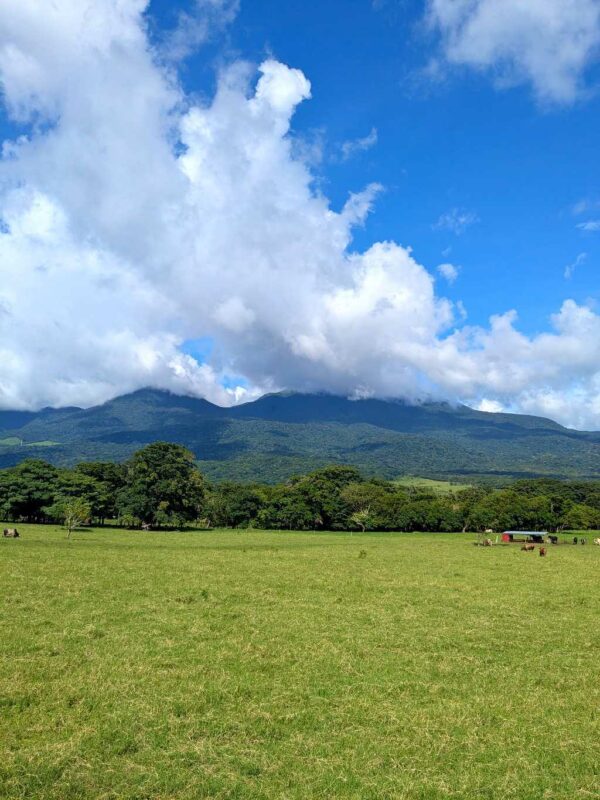 Green pastures at the foothills of the Guanacaste Volcanic Mountain Range with mountains and cloud formations in the background.