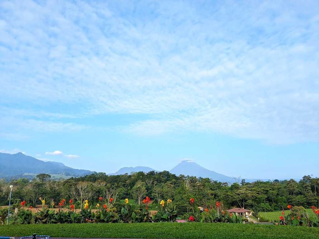 View of green pastures, colorful flowers in the foreground, forest in the middle ground, and Arenal Volcano with Cerro Chato under a clear, sunny sky in La Fortuna.