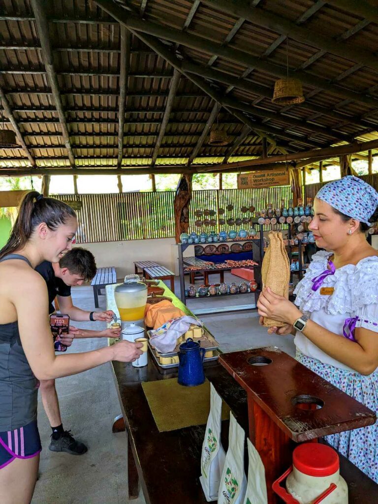 Travelers tasting coffee and rosquillas from La Fonda at Buena Vista del Rincón, Costa Rica.