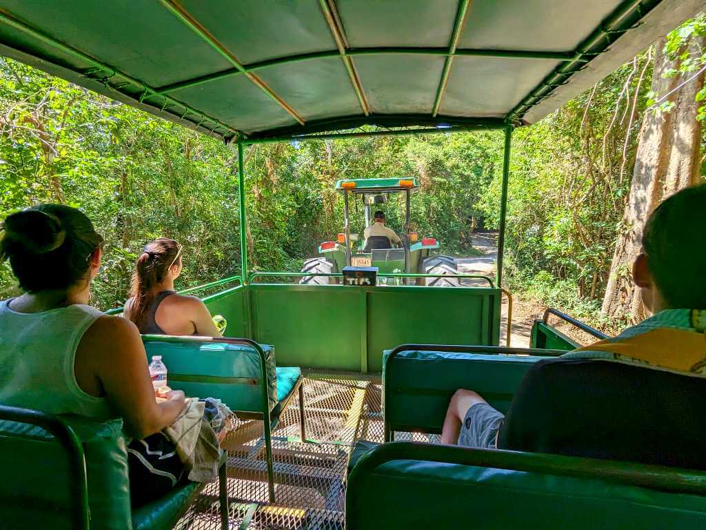 A tractor-drawn carriage transporting visitors to and from Pacaya Hot Springs at Buena Vista del Rincón.