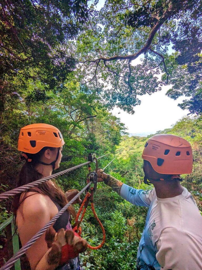 Tour guide preparing a traveler with gloves and helmet for the ziplining experience at Buena Vista del Rincón.