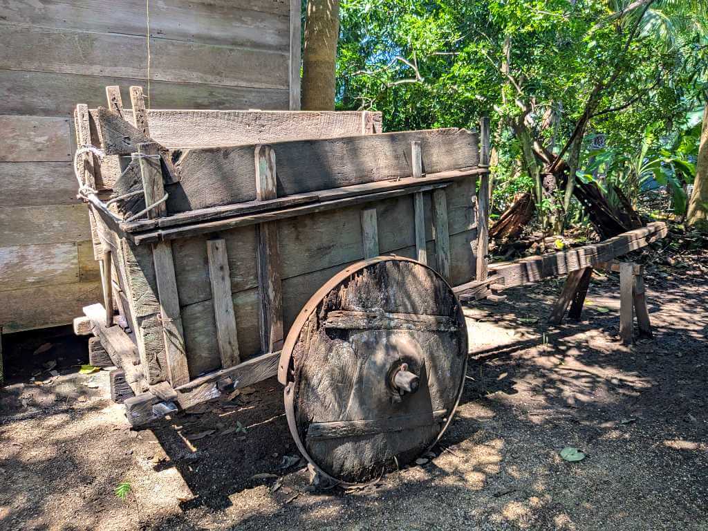 A rustic wooden cart, once used for transporting food, firewood, and other goods in Costa Rica.